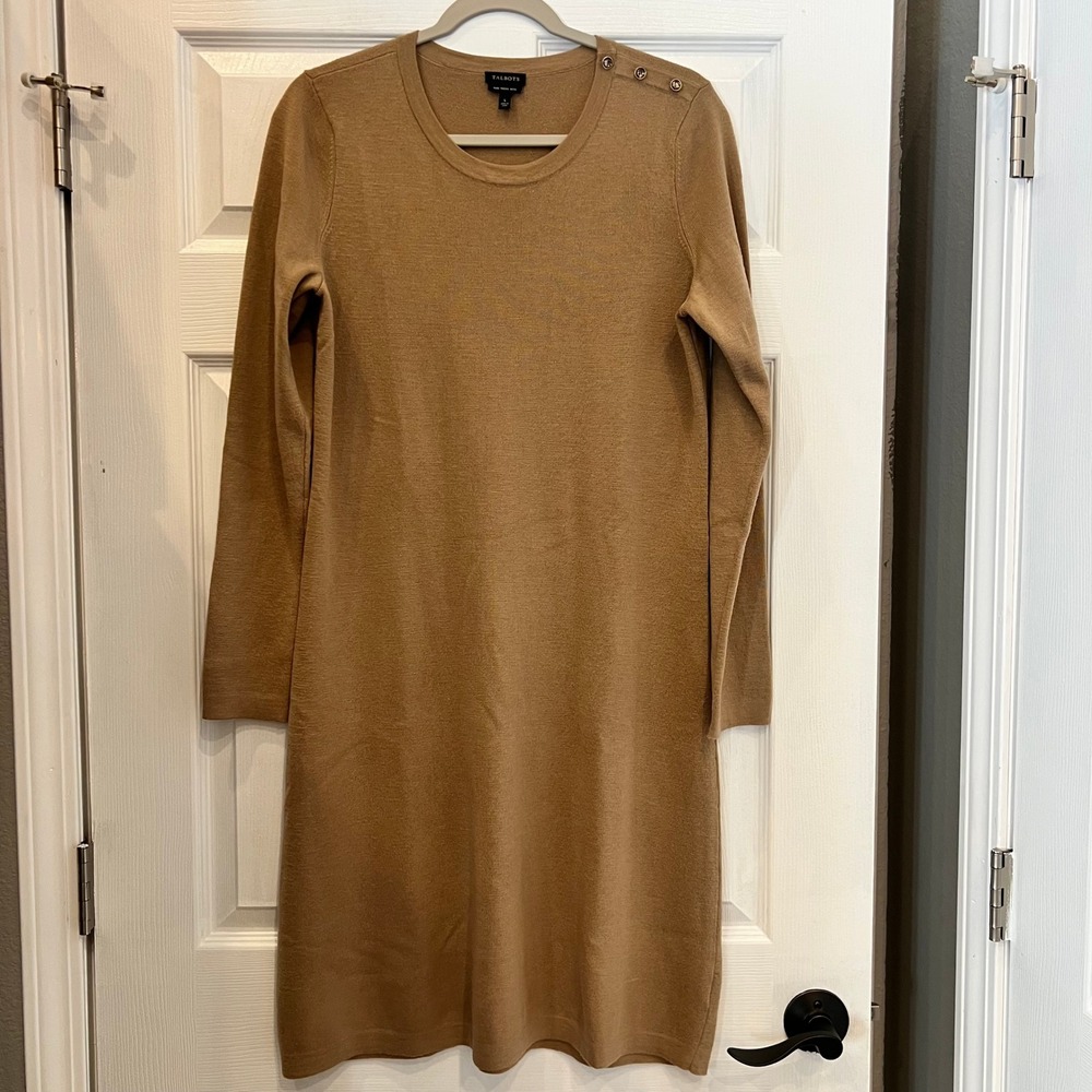 Talbots Sweater Dress Merino Wool Knit Camel Tan Shoulder Button Classic Large